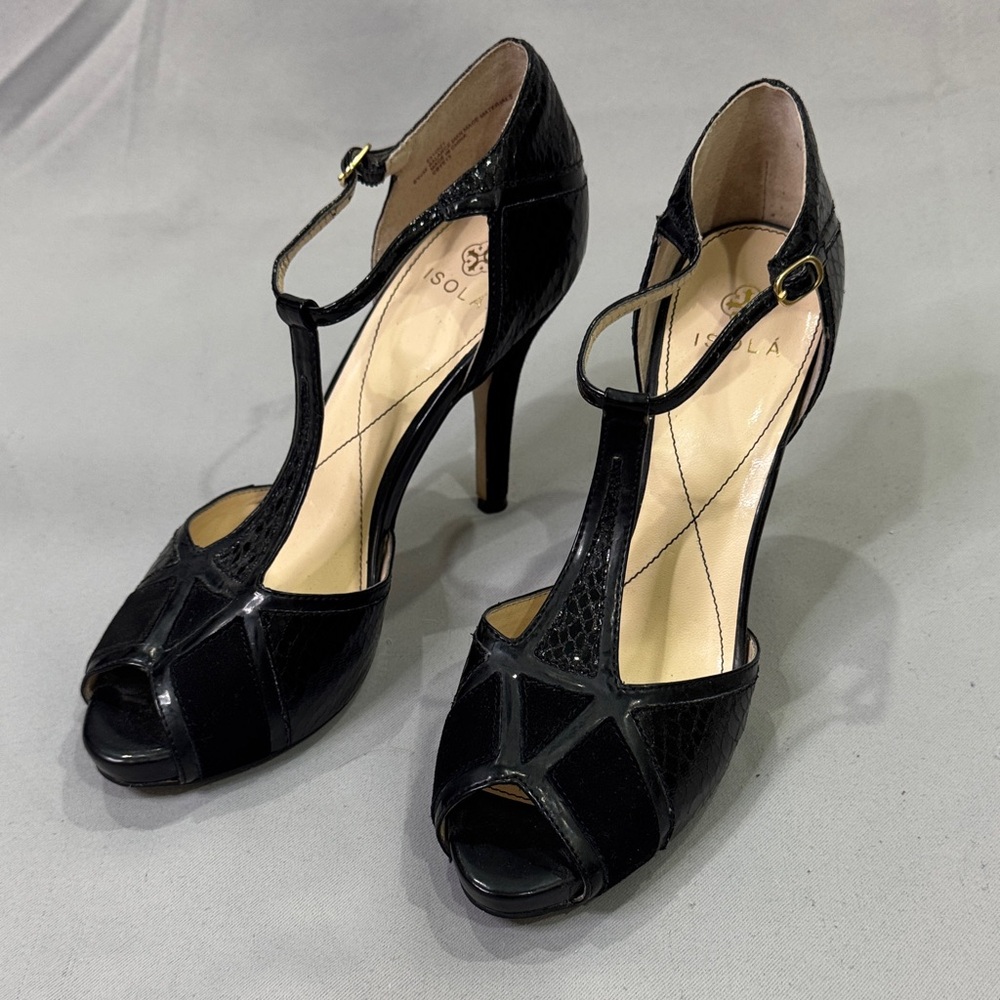 Isola Black Mixed-Material T-Strap Heels Size 8.5 | 4” Heel